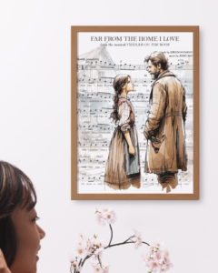 Digital print in a frame, featuring a cute image and music score.