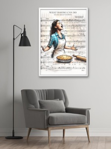 Digital print in a frame, featuring a song from Waitress the Musical with a cute image and music score.