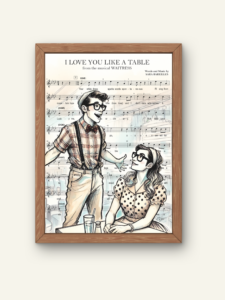 Digital print in a frame, featuring a song from Waitress the Musical with a cute image and music score.