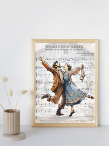 Digital print in a frame, featuring a cute image and music score, from Fiddler on the Roof