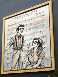 Digital print in a frame, featuring a cute image and music score.