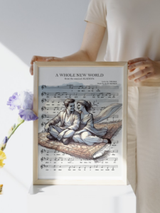 Digital print in a frame, featuring a song from Aladdin the Musical with a cute image and music score.